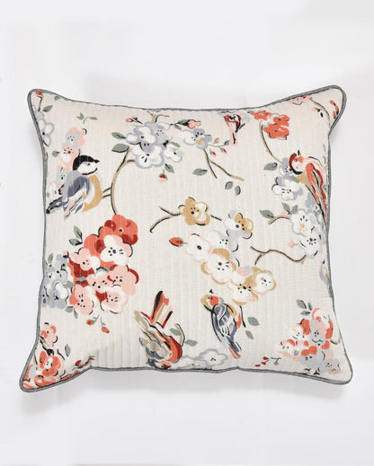 Grey Flowers & Birds Cotton Cushion Covers | Set of 2