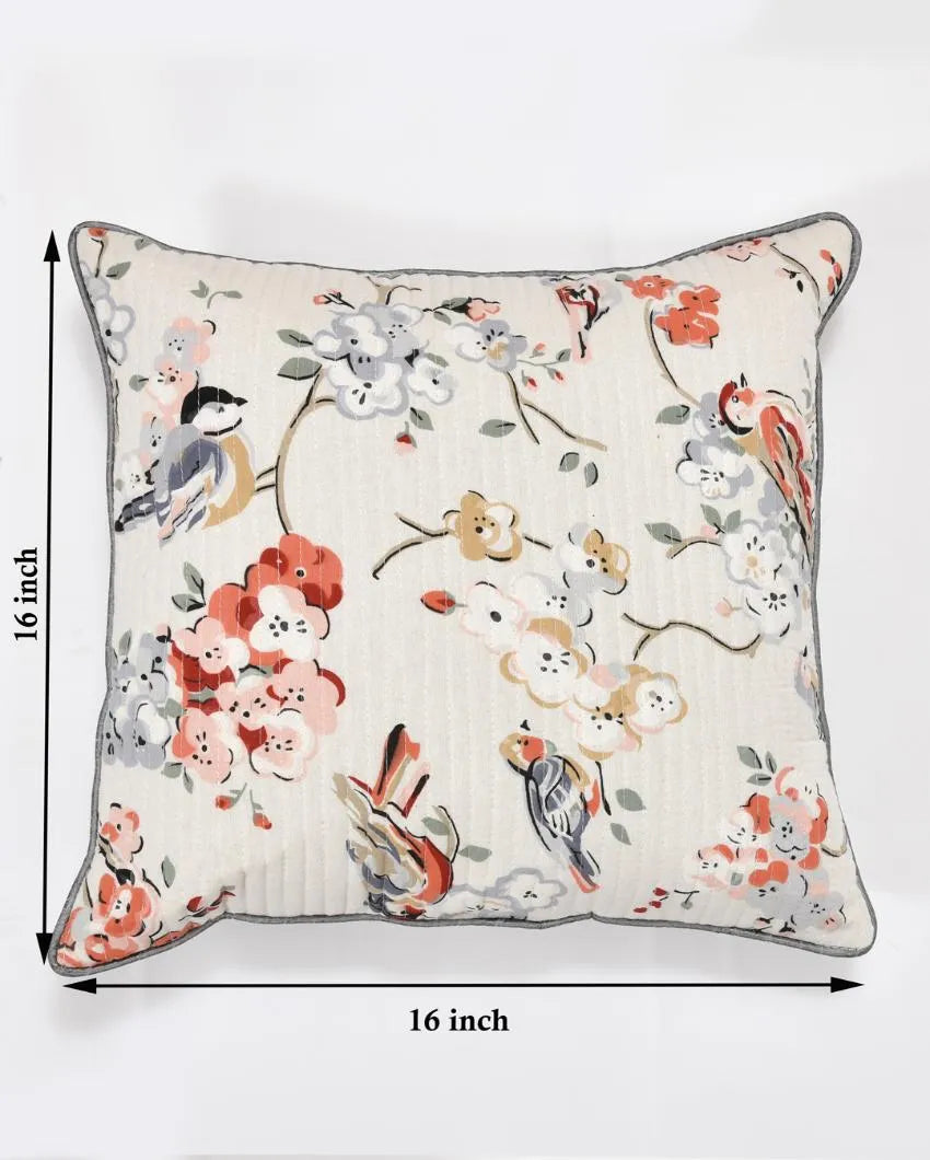 Grey Flowers & Birds Cotton Cushion Covers | Set of 2