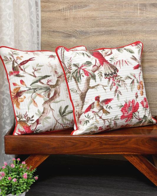 Red Flowers & Birds Cotton Cushion Covers | Set of 2