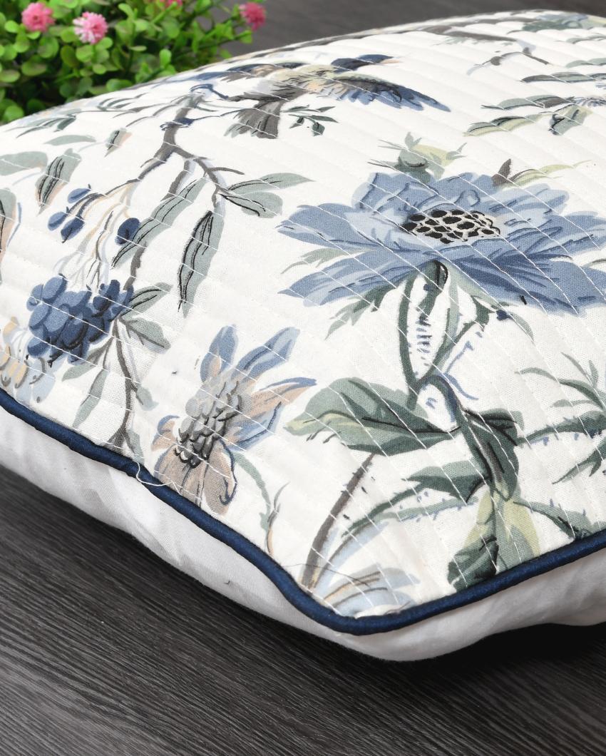 Blue Flowers & Birds Cotton Cushion Covers | Set of 2