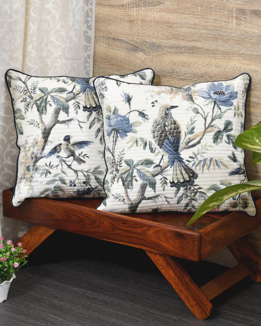 Blue Flowers & Birds Cotton Cushion Covers | Set of 2