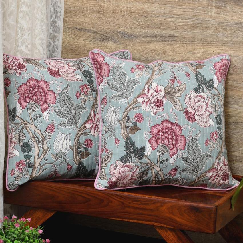 Pink Maroon Flowers Cotton Cushion Covers | Set of 2