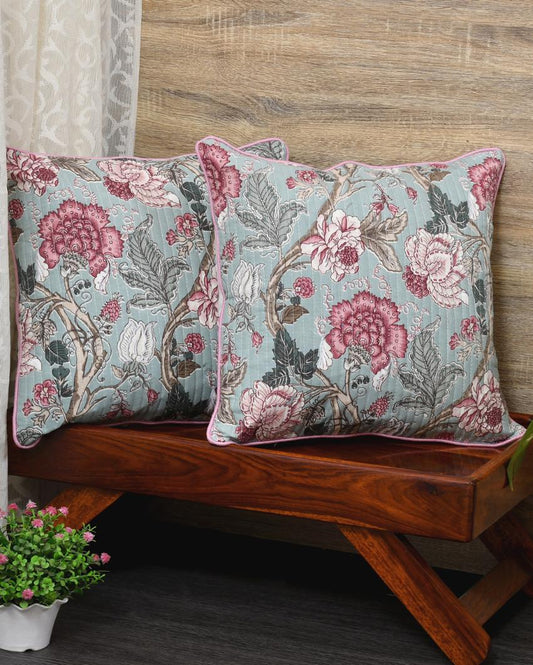 Pink Maroon Flowers Cotton Cushion Covers | Set of 2
