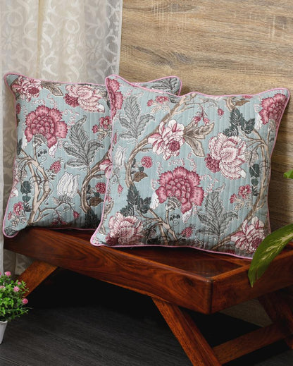 Pink Maroon Flowers Cotton Cushion Covers | Set of 2