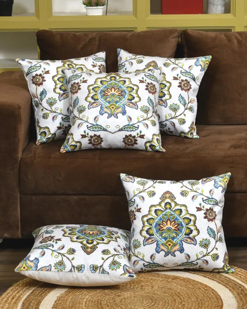 Green & Brown Flowers Velvet Cushion Covers | 16 x 16 inches