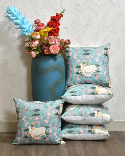 Pichwai On Blue Cotton Cushion Covers | 16 x 16 inches