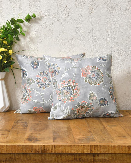Flowers On Grey Cotton Cushion Covers | 16 x 16 inches