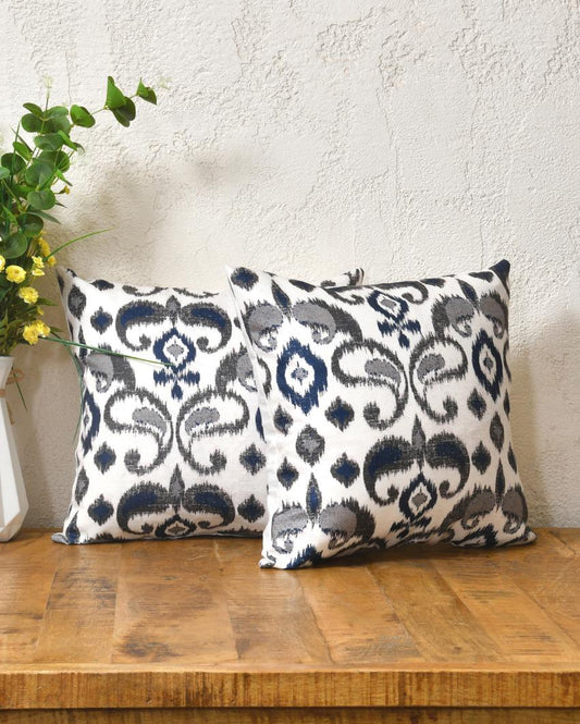 Blue Grey On White Cotton Cushion Covers | 16x16 inches