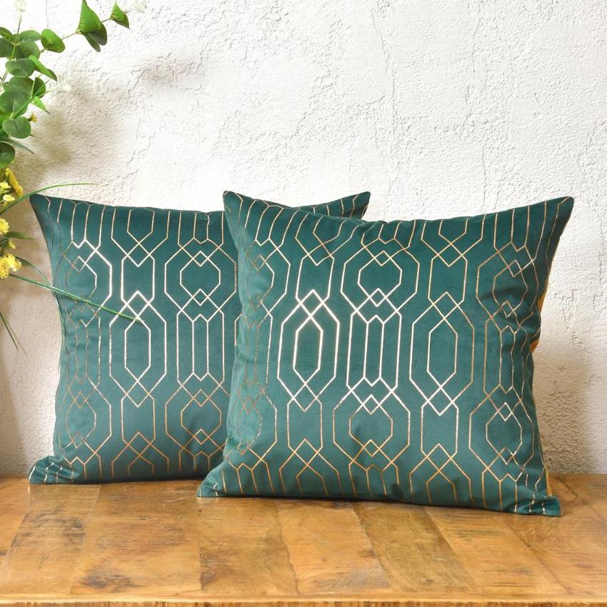 Golden On Green Velvet Cushion Covers | 16 x 16 inches