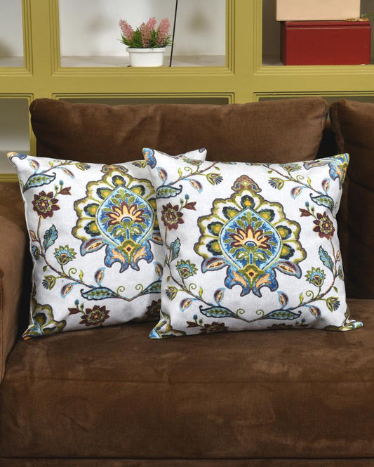 Green & Brown Flowers Velvet Cushion Covers | 16 x 16 inches