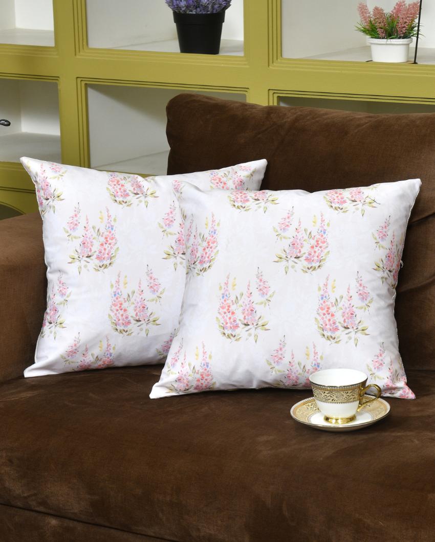 Pink Green Leaves Cotton Cushion Covers | Set of 2 | 16 x 16 inches