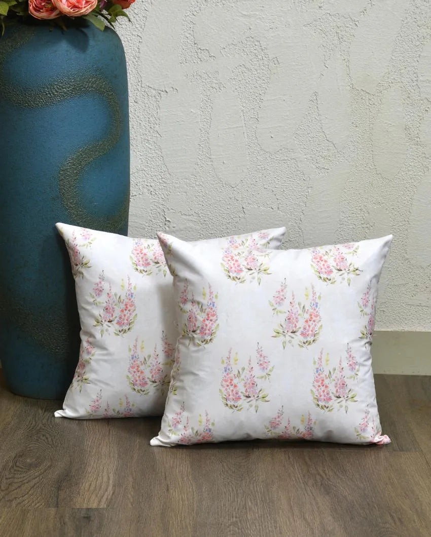 Pink Green Leaves Cotton Cushion Covers | Set of 2 | 16 x 16 inches