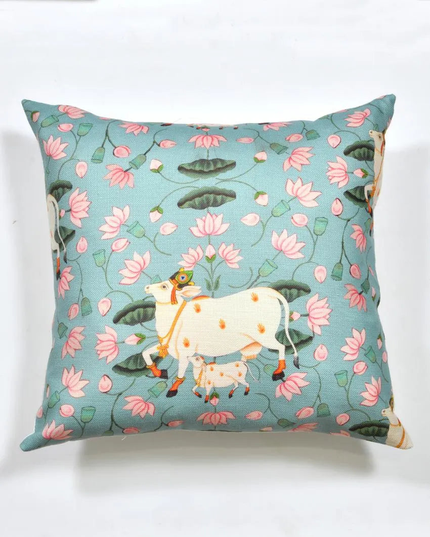 Pichwai On Blue Cotton Cushion Covers | 16 x 16 inches