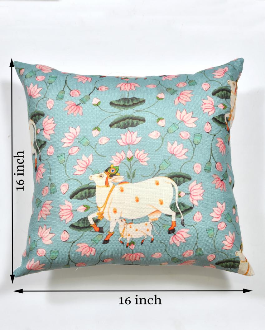 Pichwai On Blue Cotton Cushion Covers | 16 x 16 inches