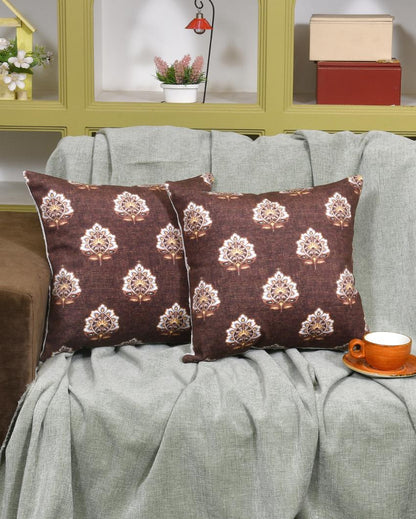 White Print On Brown Velvet Cushion Covers | Set of 2 | 16 x 16 inches