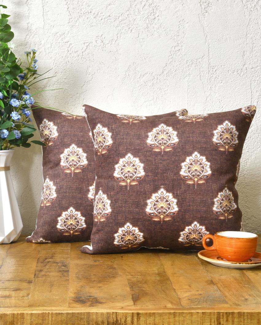White Print On Brown Velvet Cushion Covers | Set of 2 | 16 x 16 inches