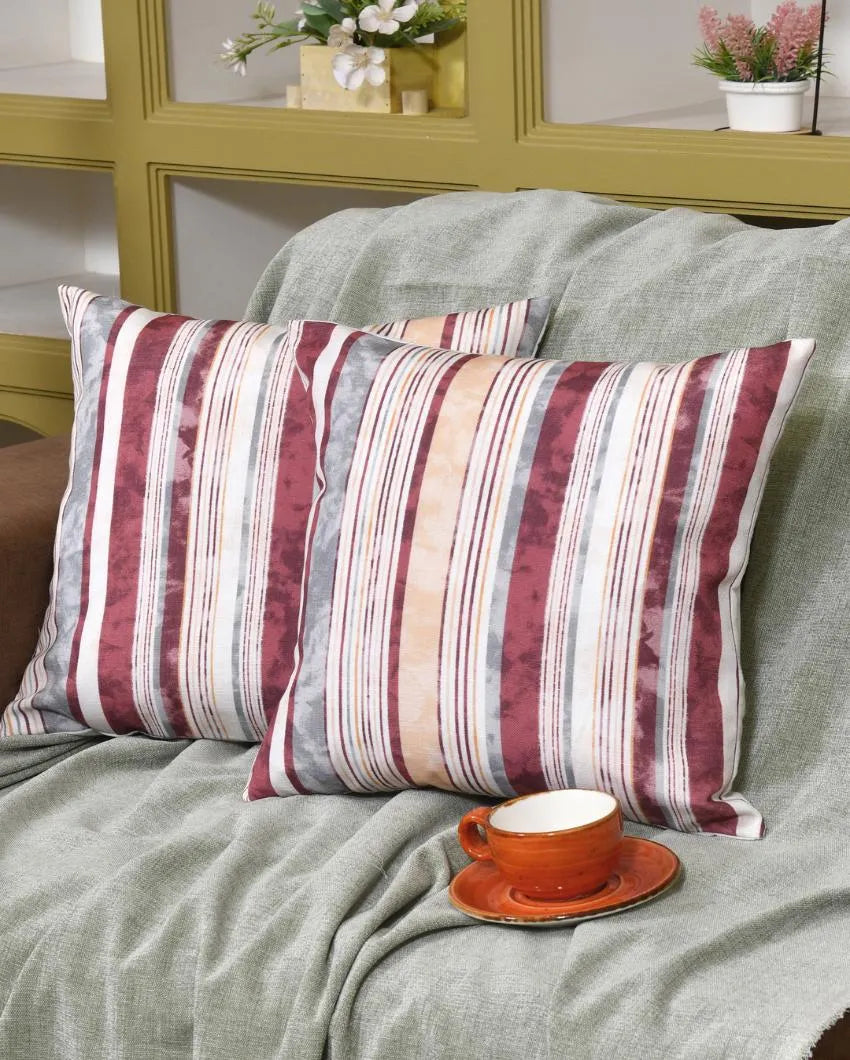 Maroon Grey Stripes Cotton Cushion Covers | Set of 2 | 16x16 inches