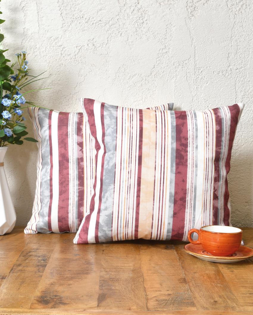 Maroon Grey Stripes Cotton Cushion Covers | Set of 2 | 16x16 inches