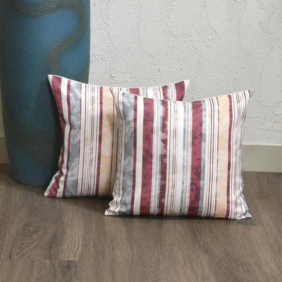 Maroon Grey Stripes Cotton Cushion Covers | Set of 2 | 16x16 inches