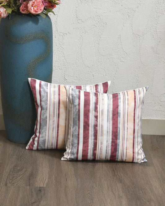 Maroon Grey Stripes Cotton Cushion Covers | Set of 2 | 16x16 inches