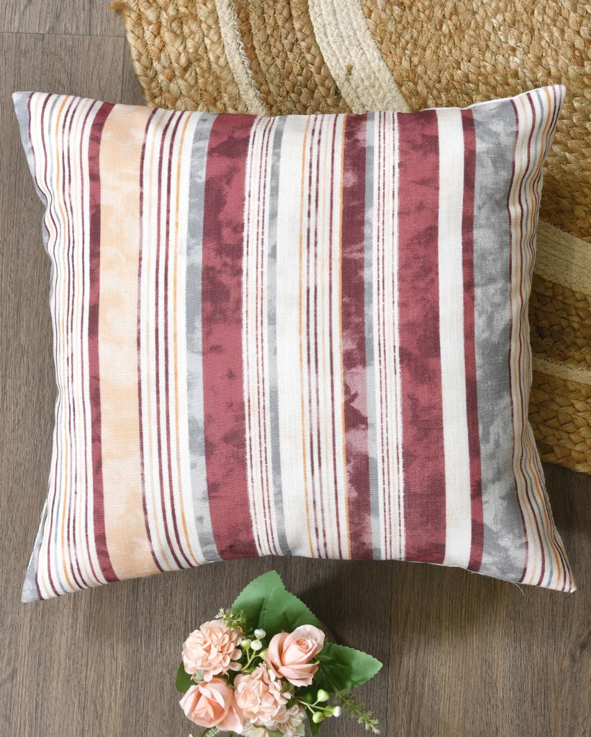 Maroon Grey Stripes Cotton Cushion Covers | Set of 2 | 16x16 inches