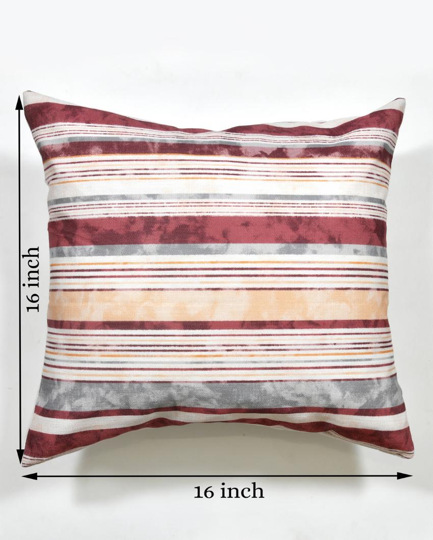 Maroon Grey Stripes Cotton Cushion Covers | Set of 2 | 16x16 inches