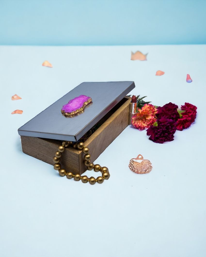 Metal & Wood Decorative Box with Agate Top | 1400 ml | 10 x 6 inches