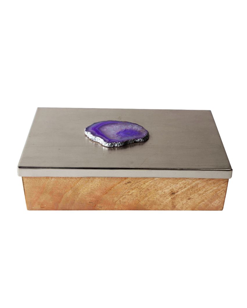 Metal & Wood Decorative Box with Agate Top | 1400 ml | 10 x 6 inches