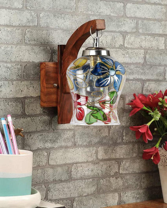 Radiant Mosaic Multicolor Glass Wooden Wall Lamp