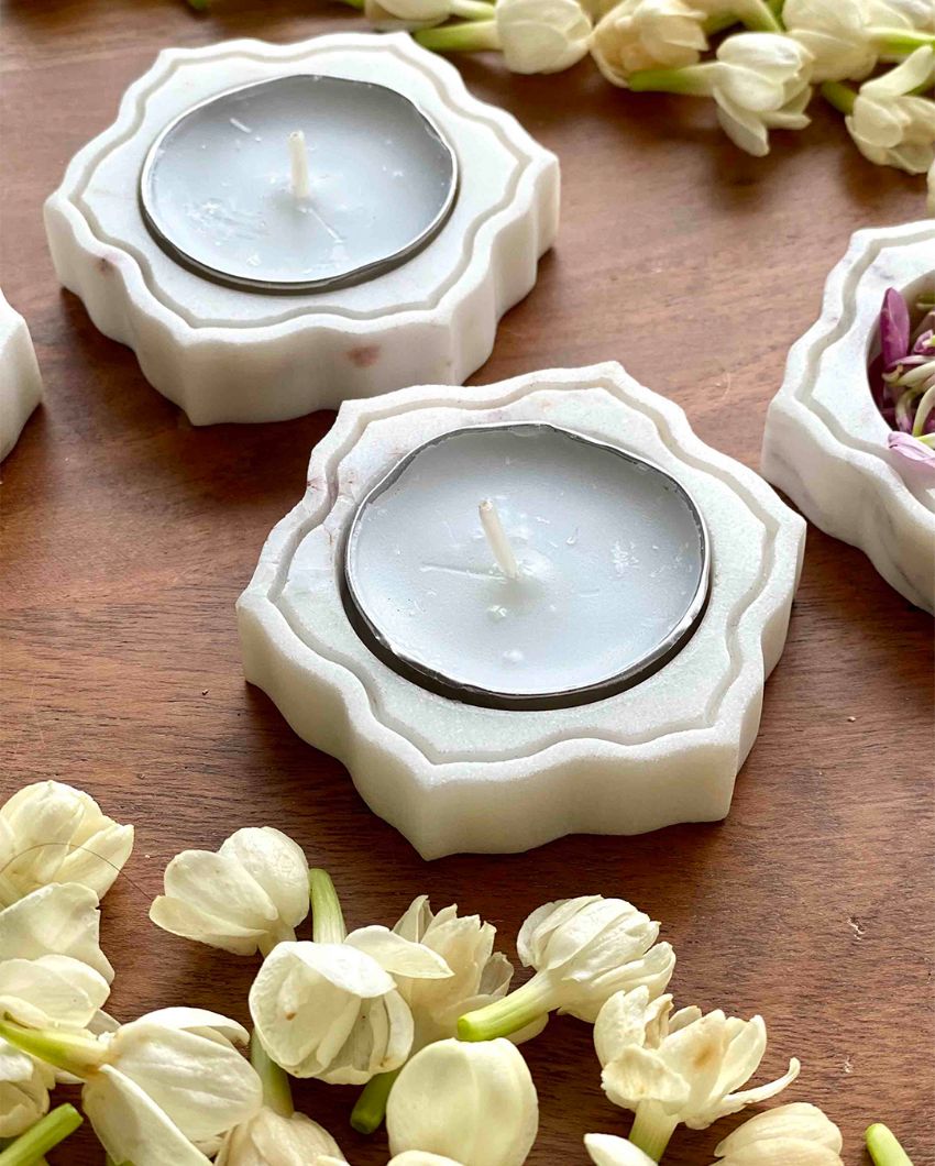 Pichola Marble Flower Votive Holder | White |5.08 inches| Set of 4