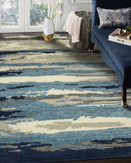 Blue Hand Tufted Wool & Viscose Carpet | 5x3, 6x4, 8x5 ft 5 x 3 ft