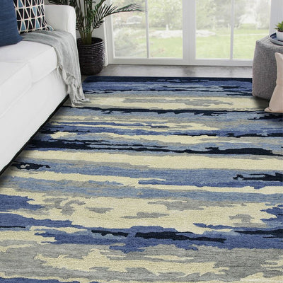 Navy Abstract Hand Tufted Wool & Viscose Carpet