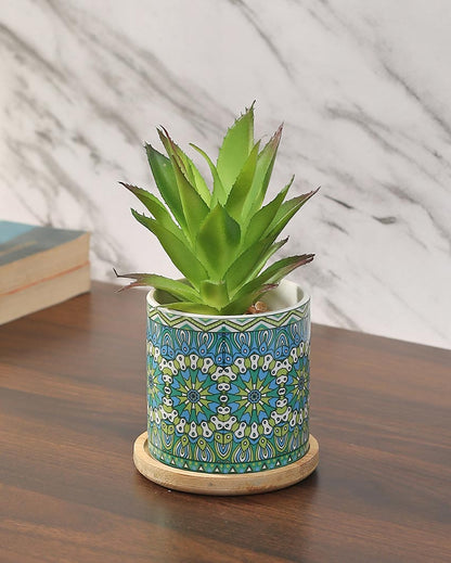 Coastal Succulents Artificial Plant with Ceramic Pot & Wooden Coaster | 7 inches