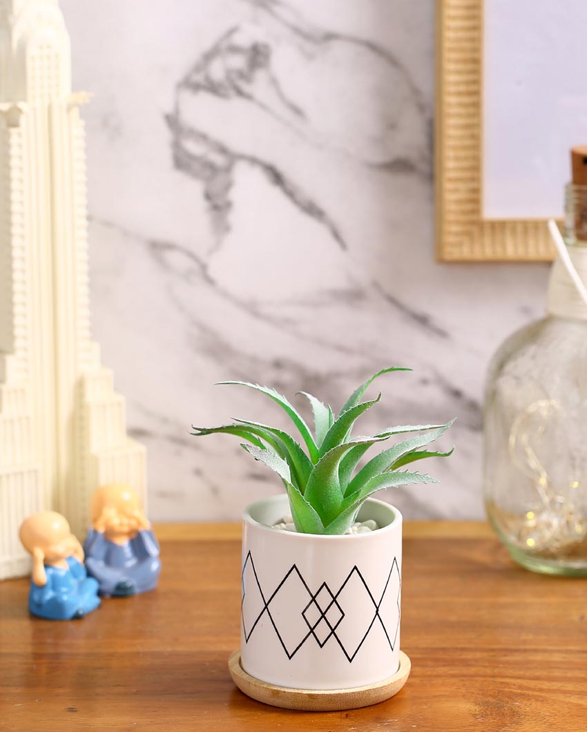 Seaside Tranquility Succulents Artificial Plant with Ceramic Pot & Wooden Coaster | 7 inches