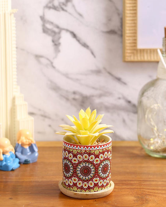 Beachy Succulents Artificial Plant with Ceramic Pot & Wooden Coaster | 5 inches