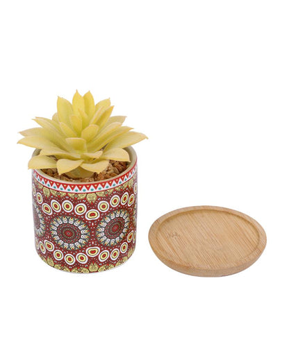 Beachy Succulents Artificial Plant with Ceramic Pot & Wooden Coaster | 5 inches