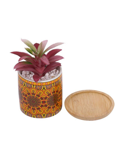 Calm Succulents Artificial Plant with Ceramic Pot & Wooden Coaster | 6 inches