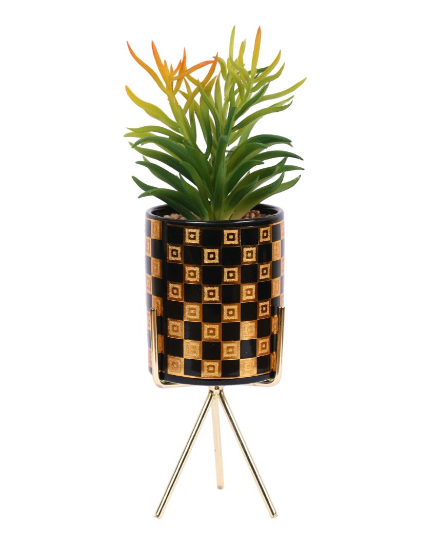 Contemporary Succulents Artificial Plant with Ceramic Pot & Metal Tripod Stand | 12 inches