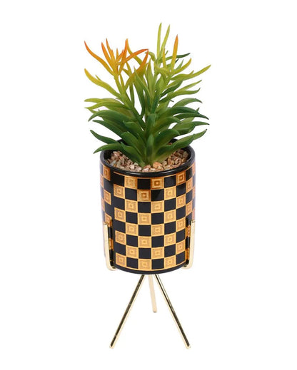 Contemporary Succulents Artificial Plant with Ceramic Pot & Metal Tripod Stand | 12 inches