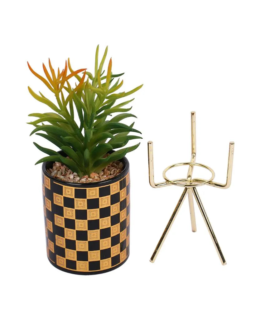 Contemporary Succulents Artificial Plant with Ceramic Pot & Metal Tripod Stand | 12 inches