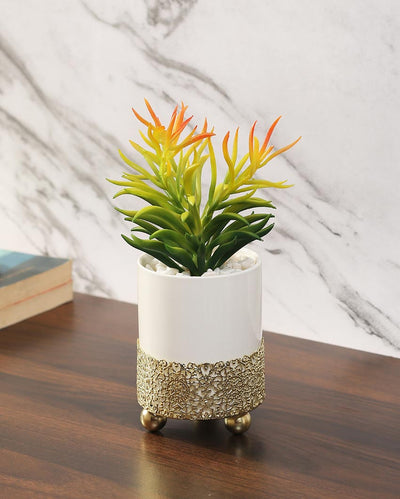 Rural Succulents Artificial Plant with Ceramic Pot & Metal Stand | 8 inches