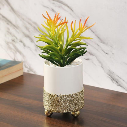 Rural Succulents Artificial Plant with Ceramic Pot & Metal Stand | 8 inches