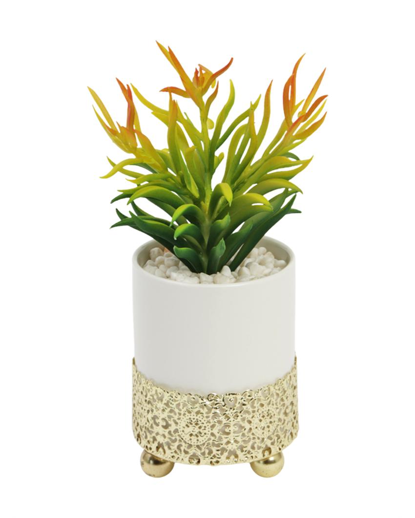 Rural Succulents Artificial Plant with Ceramic Pot & Metal Stand | 8 inches