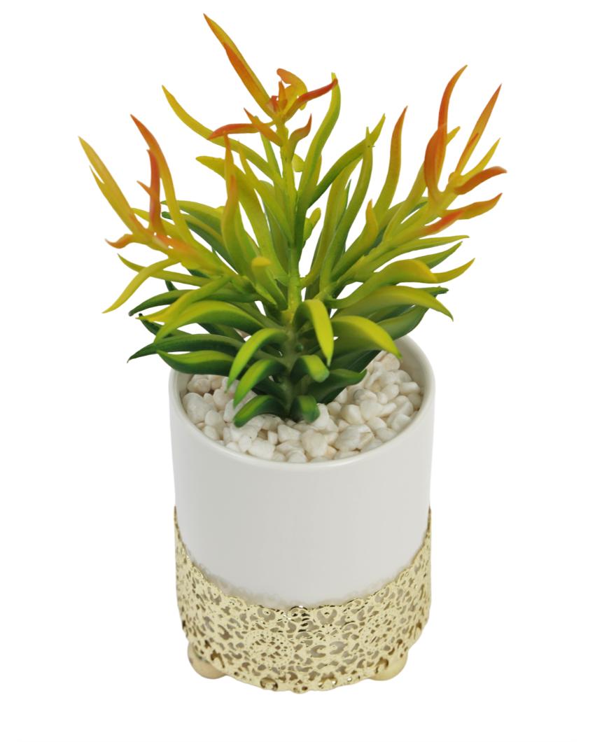 Rural Succulents Artificial Plant with Ceramic Pot & Metal Stand | 8 inches