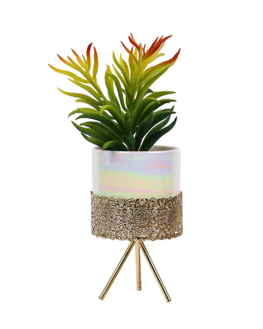 Glamorous Succulents Artificial Plant with Ceramic Pot & Metal Tripod Stand | 9 inches