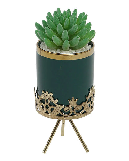 Rustic Succulents Artificial Plant with Ceramic Pot & Metal Tripod Stand | 9 inches