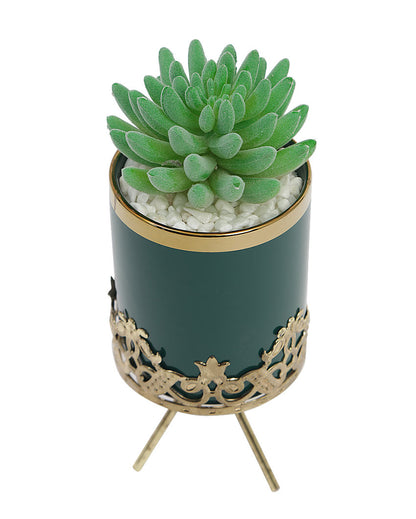 Rustic Succulents Artificial Plant with Ceramic Pot & Metal Tripod Stand | 9 inches