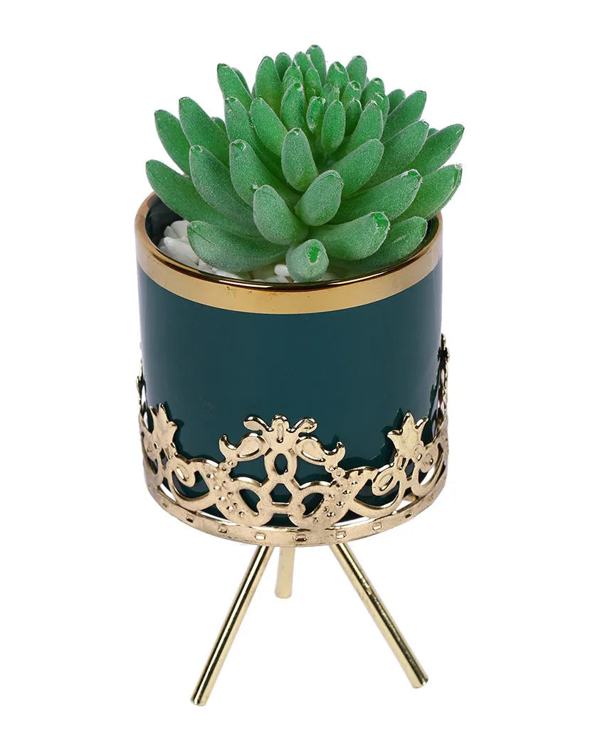 Urban Succulents Artificial Plant with Ceramic Pot & Metal Tripod Stand | 9 inches