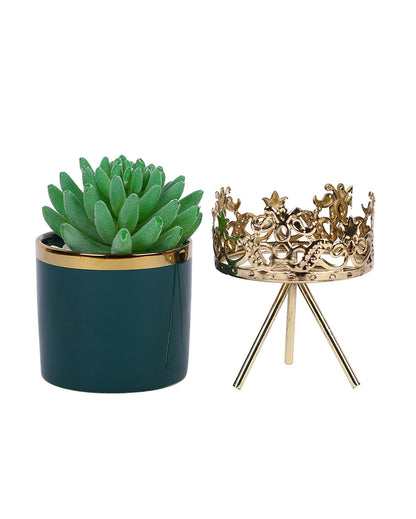 Urban Succulents Artificial Plant with Ceramic Pot & Metal Tripod Stand | 9 inches