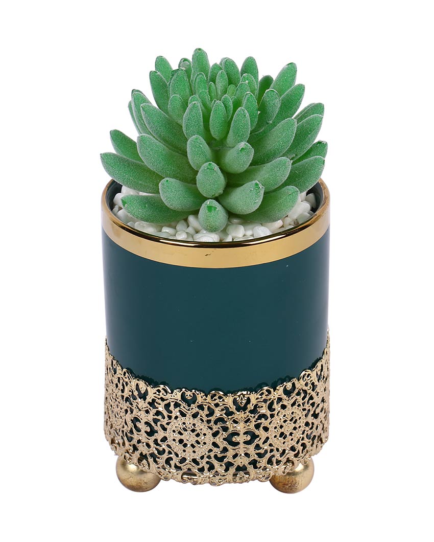 Eclectic Succulents Artificial Plant with Ceramic Pot & Metal stand | 6 inches